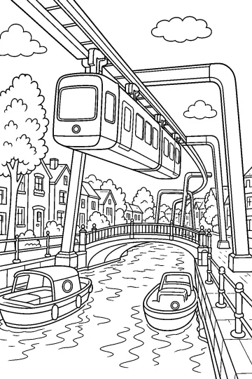 Disegno da colorare di un treno sospeso sopra un canale con barche, ponte, case e alberi.