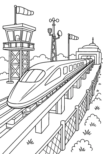 Train maglev au long nez sur une piste d'essai avec tour de contrôle, instruments et manches à air.