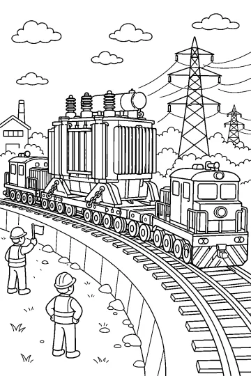 Tren con un enorme transformador en un vagón especial, torres eléctricas y trabajadores junto a las vías