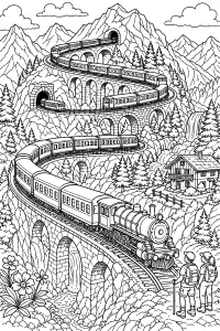 Treno a vapore sulla ferrovia a spirale alpina disegno da colorare PDF gratis