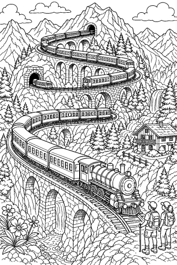 Treno a vapore su una ferrovia a spirale con viadotti, gallerie, montagne, pini, cascata e chalet