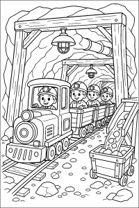 Treno da miniera con giovani minatori disegno da colorare PDF gratis