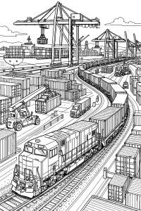 Treno merci nel porto di container disegno da colorare PDF gratis