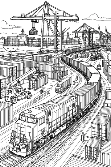 Treno merci con vagoni container in un porto con gru, camion, container e nave cargo