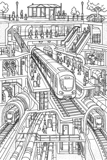 Disegno da colorare di una stazione della metropolitana sotterranea a più livelli con treno, scale mobili, tunnel e passeggeri.