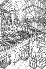 Locomotiva a vapore nella grande stazione disegno da colorare PDF gratis