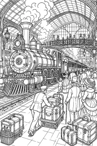 Locomotiva a vapore nella grande stazione disegno da colorare PDF gratis