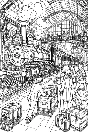Locomotiva a vapore in una grande stazione storica con viaggiatori, valigie e tetto ad archi.