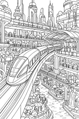 Treni futuristici in una città sospesa disegno da colorare PDF gratis