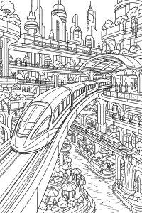 Treni futuristici in una città sospesa disegno da colorare PDF gratis