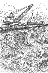 Treno gru ripara un ponte ferroviario disegno da colorare PDF gratis