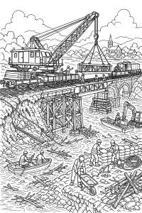 Treno gru ripara un ponte ferroviario disegno da colorare PDF gratis