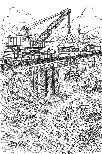 Treno gru solleva una sezione di ponte ferroviario mentre gli operai lavorano vicino al fiume.