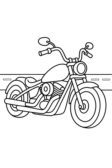 Line drawing of a cruiser motorcycle with large wheels on a road