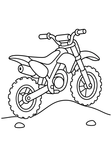 Disegno da colorare di una moto da cross con ruote scolpite su un piccolo dosso
