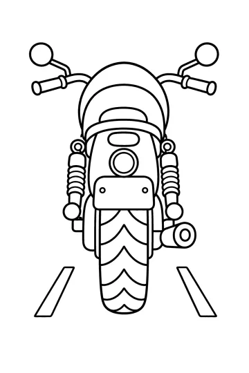 Disegno da colorare di una moto vista da davanti con faro, manubrio, ruota e linee del parcheggio