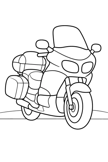 Ausmalbild eines Touring-Motorrads mit hoher Windschutzscheibe und Gepäcktaschen