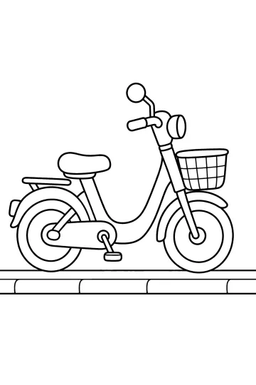Desenho para colorir de um ciclomotor de lado com cesto dianteiro, pedais e meio-fio
