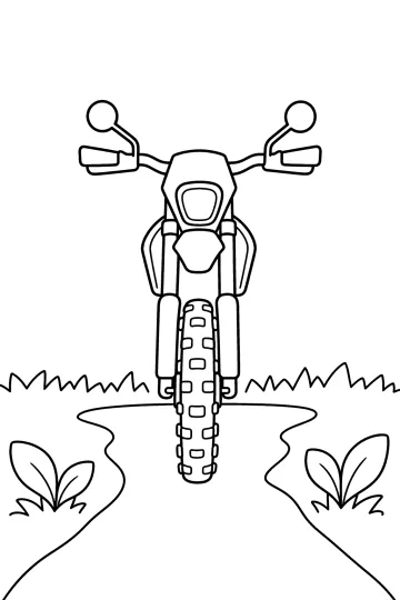 Disegno da colorare di una moto da enduro vista frontalmente su un sentiero con erba e foglie.