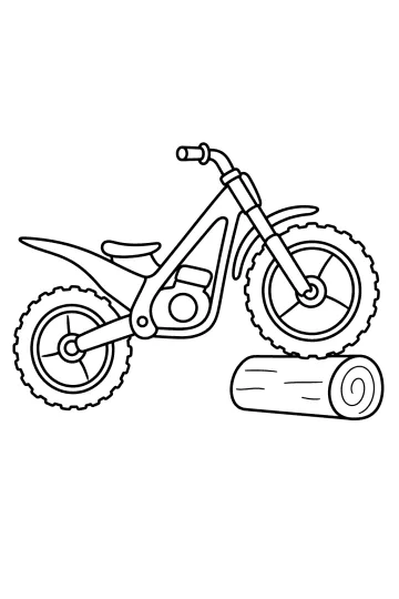 Disegno da colorare di una moto da trial con la ruota anteriore su un tronco