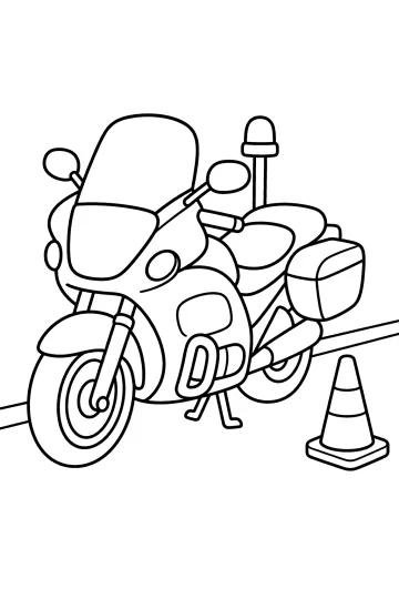 Disegno da colorare di una moto della polizia vista di tre quarti con cono stradale