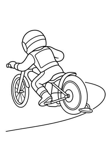 Disegno al tratto di un pilota con casco su una motocicletta piegata in curva