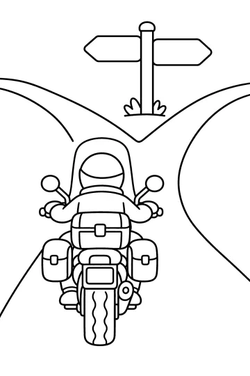 Moto vista da dietro con borse laterali davanti a una strada che si divide e a un cartello con frecce vuote