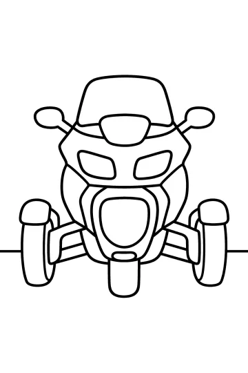 Disegno di una moto a tre ruote vista frontalmente con due ruote anteriori e faro centrale