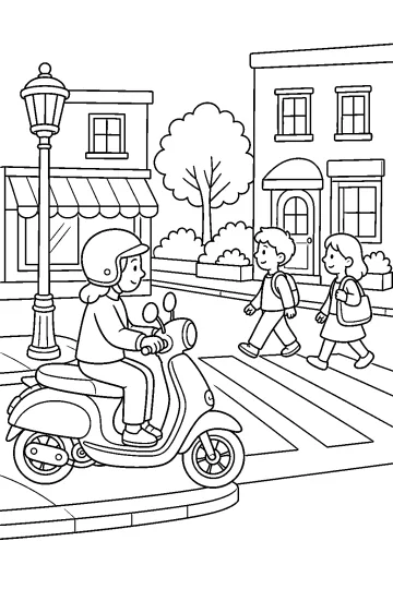 Coloring page showing a scooter rider beside a city crosswalk with pedestrians