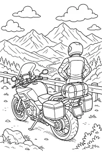 Moto de turismo con vista a las montañas dibujo para colorear PDF gratis