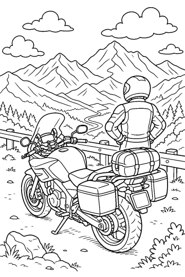 Coloring page of a touring motorcycle with side cases beside a guardrail and mountains.