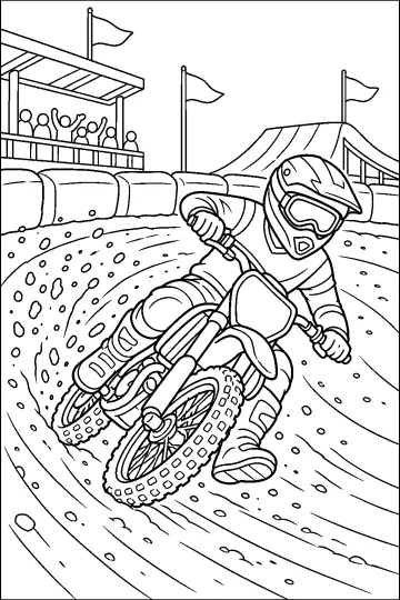 Pilota di motocross con casco che percorre una curva sterrata su una moto, con bandiere e spettatori sullo sfondo.