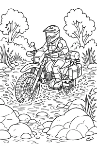 Moto da enduro nel ruscello disegno da colorare PDF gratis