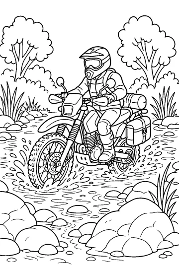 Motorcycle rider on a trail bike crossing a rocky woodland stream