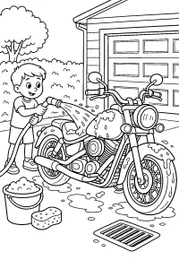 Bambino lava una moto in cortile disegno da colorare PDF gratis