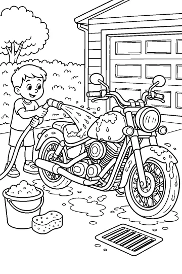 Bambino che lava una motocicletta con un tubo davanti al garage, con secchio e spugna