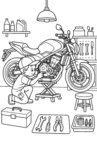 Bambino che controlla il motore della moto disegno da colorare PDF gratis