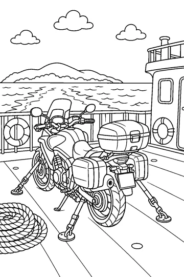 Motorcycle secured with straps on a ferry deck beside the sea