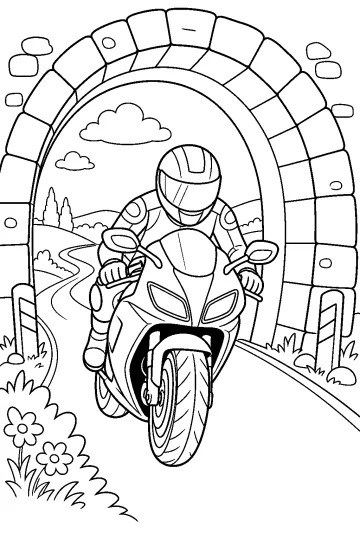 Coloriage d'une moto avec un pilote devant un tunnel en pierre, avec des collines et des fleurs.