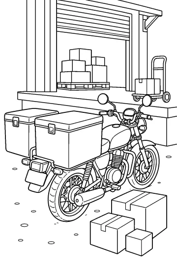 Coloring page of a delivery motorcycle with two large boxes, parcels, and a hand cart outside a warehouse.