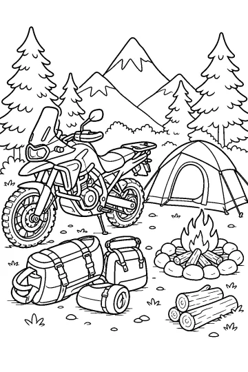 Coloring page of an adventure motorcycle with a tent, campfire, luggage, pine trees and mountains.