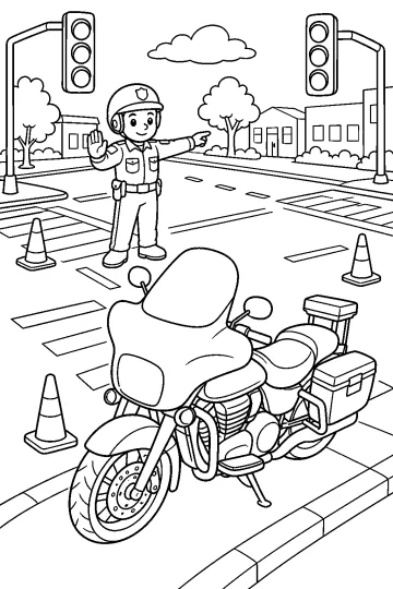 Moto da polícia em primeiro plano com agente, semáforos, cones e faixas de pedestres em um cruzamento.