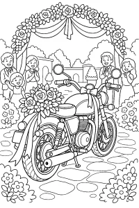 Decorated Motorcycle Beneath a Flower Arch coloring page free PDF