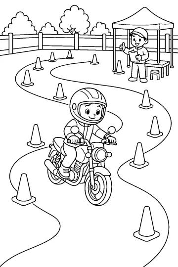 Bambino con casco in sella a una moto su un percorso curvo tra coni, con istruttore sullo sfondo.