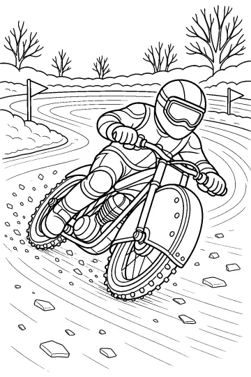 Motociclista con casco su una moto da corsa inclinata su una pista di ghiaccio, con alberi e bandiere.