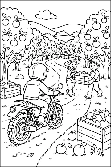 Moto su un sentiero in un frutteto con cassette di mele e contadini