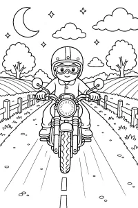 Motociclista sulla strada di campagna al chiaro di luna disegno da colorare PDF gratis