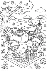 Moto con sidecar per picnic disegno da colorare PDF gratis