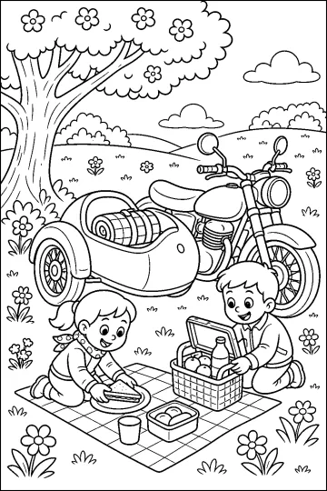 Coloring page showing a motorcycle with a sidecar, two children with a picnic basket, a large tree and meadow flowers.