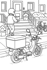 Scooter con pacco davanti a una casa disegno da colorare PDF gratis